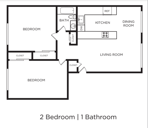 Floor plan for 2 beds, 1 bath, 805 sqft